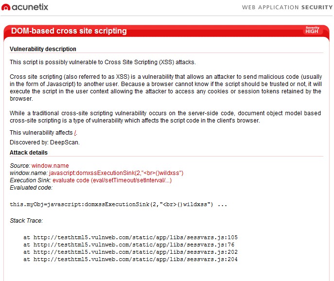 Acunetix scan of http://testhtml5.vulnweb.com